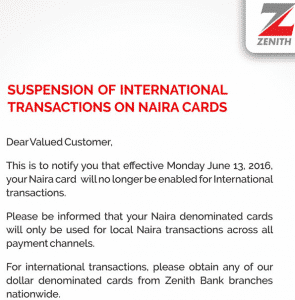 Zenith bank suspends use of Naira ATM on International transactions