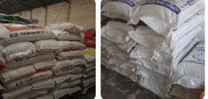 Packaged animal feed ingredients like maize, soybean meal, and groundnut cake