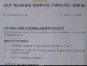 Esut Teaching Hospital Parklane Recruitment Advert