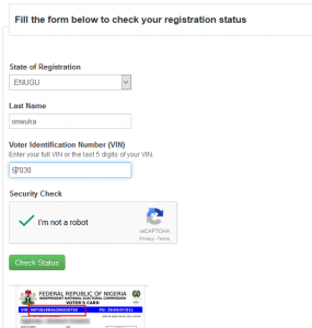 Inec status registration form with VIN