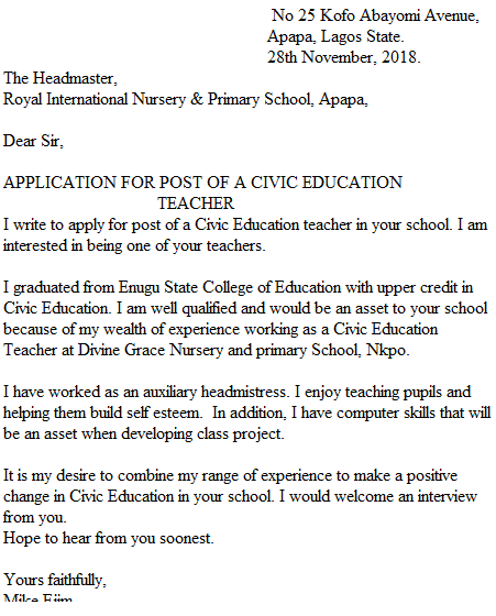application letter for the post of a teacher in nigeria