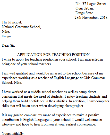 High School Job Application Letter For School Teacher Free Documents