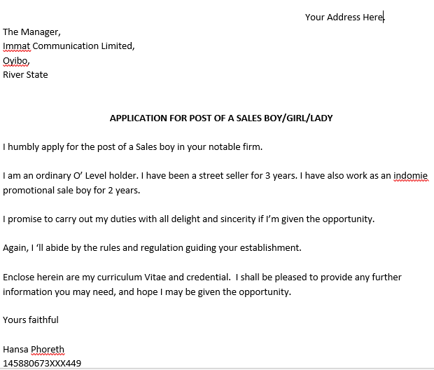 application letter for sales girl without experience