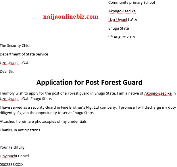 Application letter for a Post of Forest Guard