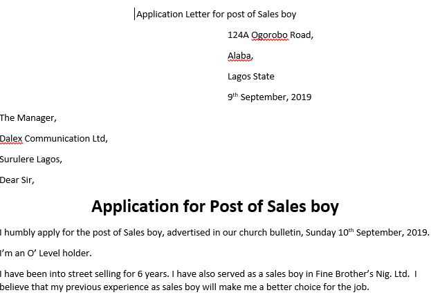 application letter as a sales boy in a boutique
