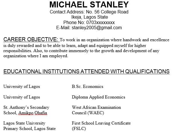 Sample of a Good CV in Nigeria